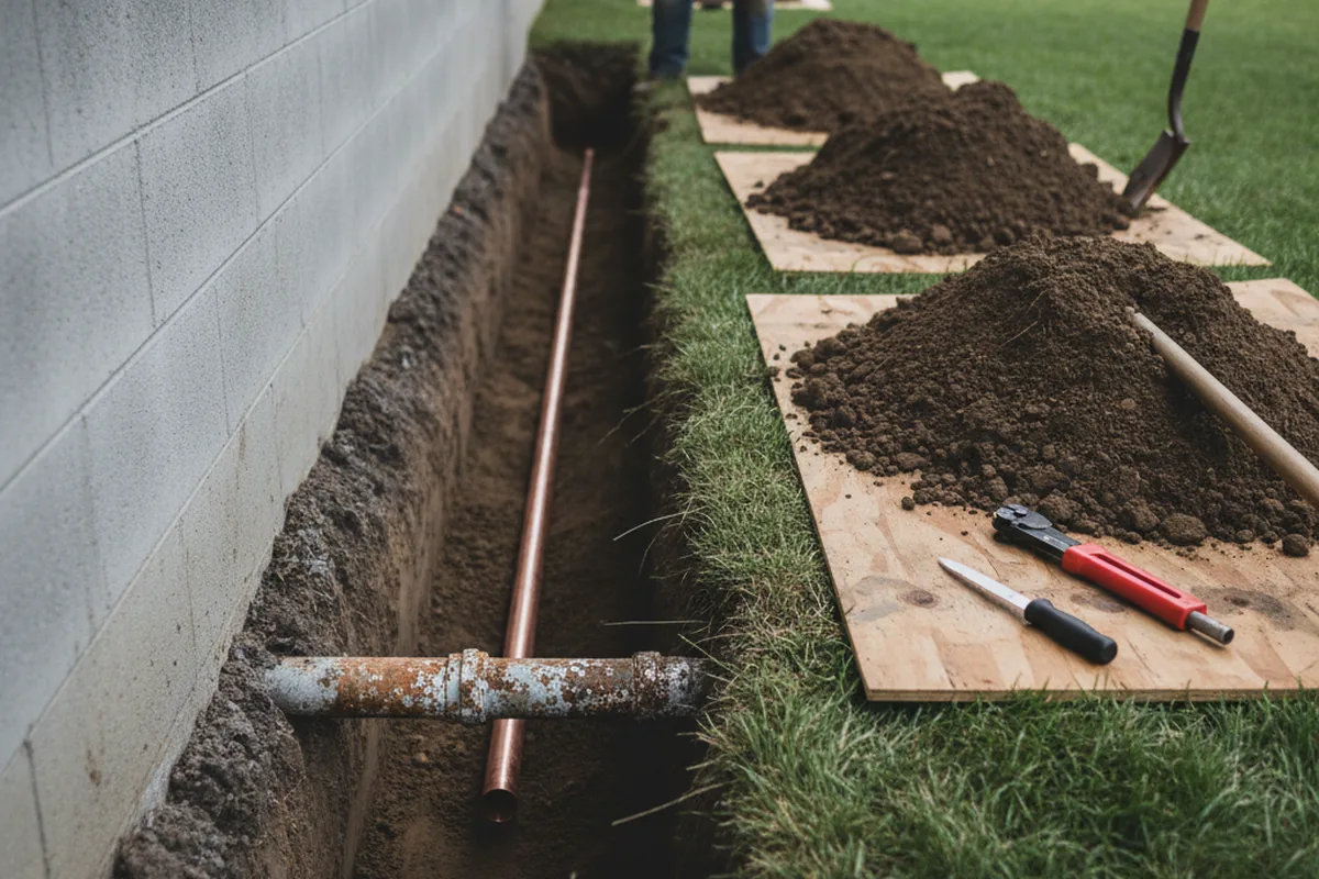 Excavated water line trench during Sewer Line Repair in Van